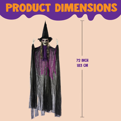 72-Inch Animated Hanging Talking Purple Witch with Light-Up Eyes and Creepy Sounds