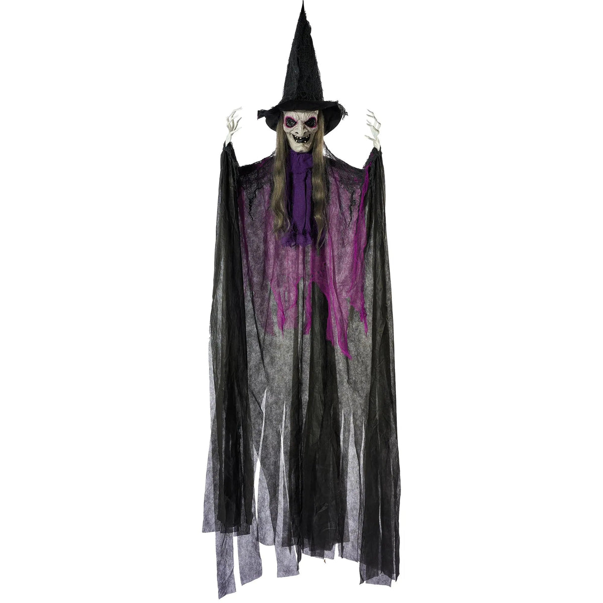 72-Inch Animated Hanging Talking Purple Witch with Light-Up Eyes and Creepy Sounds