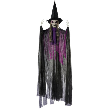 72-Inch Animated Hanging Talking Purple Witch with Light-Up Eyes and Creepy Sounds