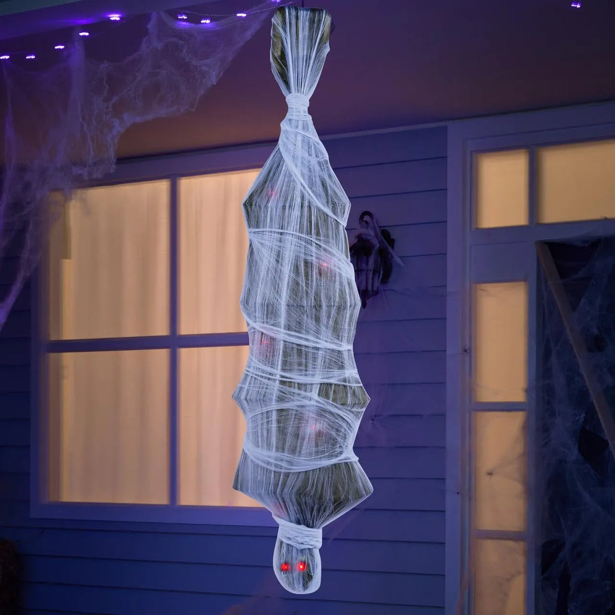 72-Inch Halloween Hanging Animated Cocoon Corpse with Animatronic Sound & Light-Up Eyes