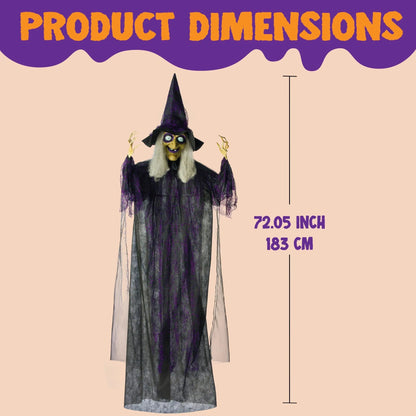 72-Inch Halloween Hanging Witch with Light-Up Eyes and Creepy Sound