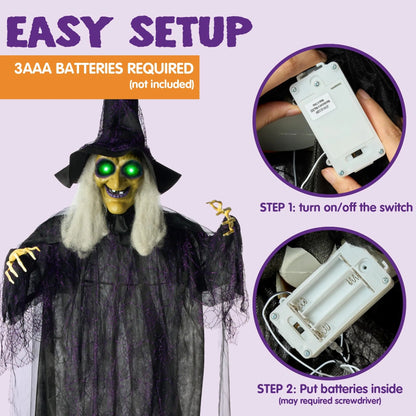 72-Inch Halloween Hanging Witch with Light-Up Eyes and Creepy Sound