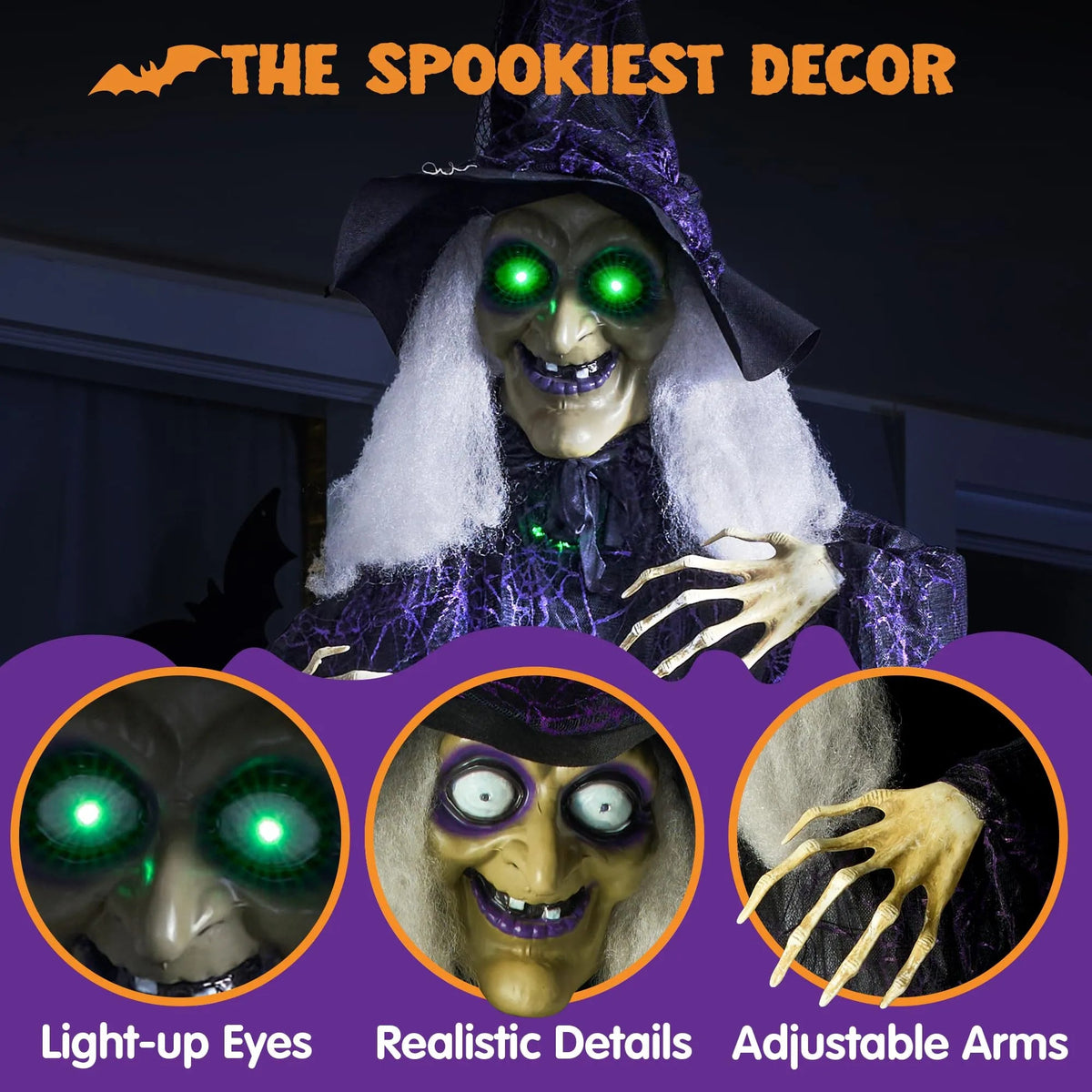 72-Inch Halloween Hanging Witch with Light-Up Eyes and Creepy Sound
