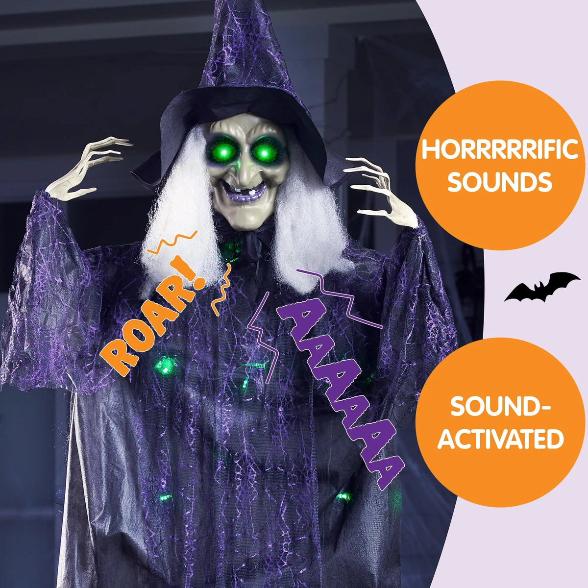 72-Inch Halloween Hanging Witch with Light-Up Eyes and Creepy Sound