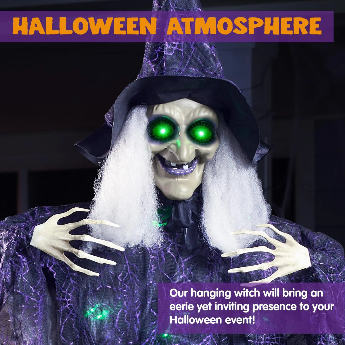 72-Inch Halloween Hanging Witch with Light-Up Eyes and Creepy Sound
