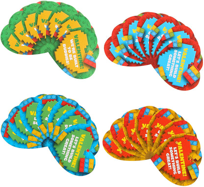 24 Prefilled Hearts with Train Building Blocks and Valentine's Day Cards for Kids - Classroom Exchange Gifts