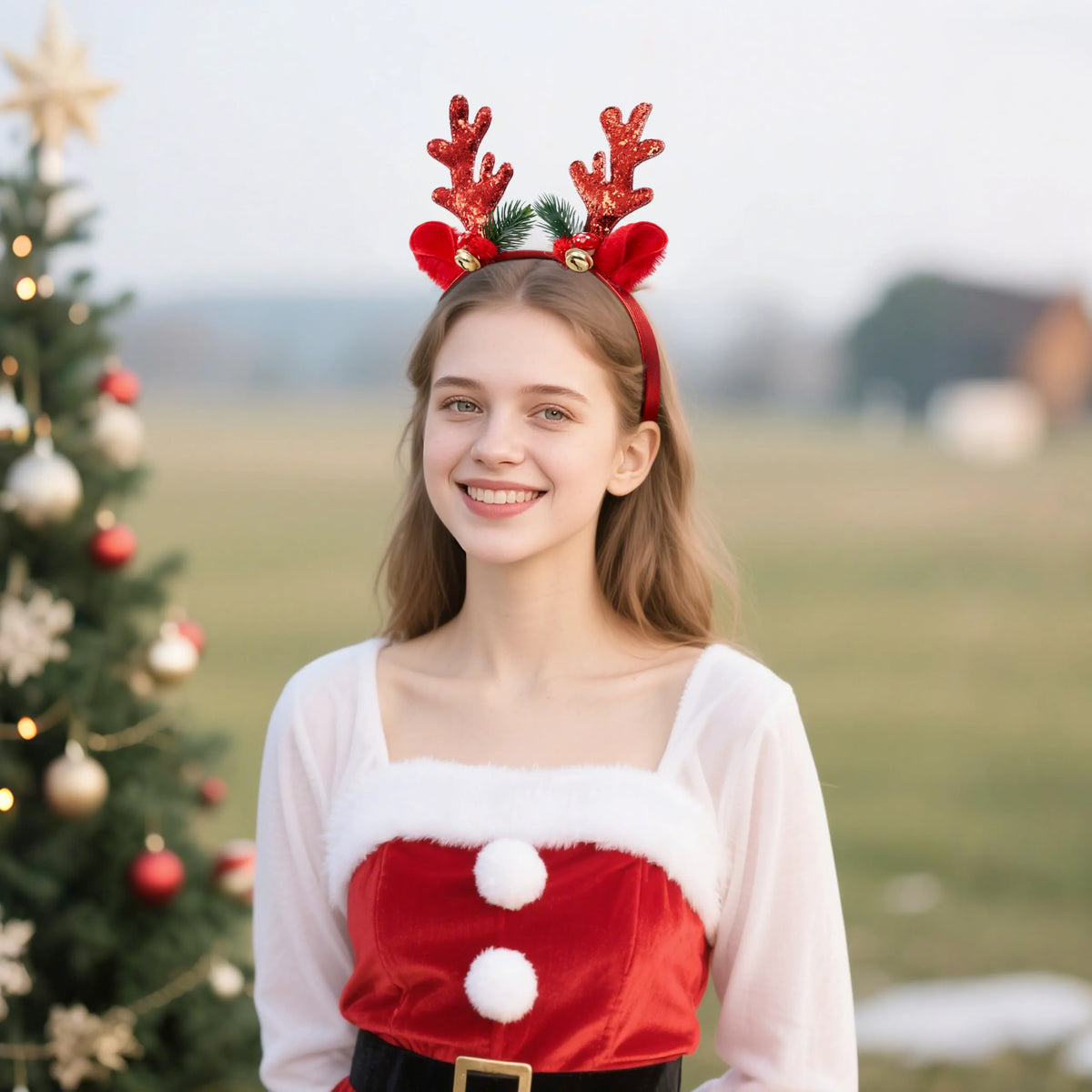 2 Pack Gold & Red Reindeer Headbands with Glitter