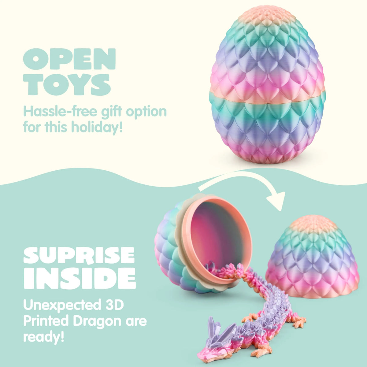 3D Printed Dragon Eggs with 12" Laser Rainbow Dragon Inside