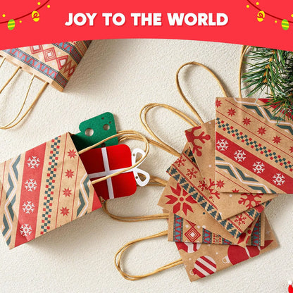 24 Pack Christmas Kraft Gift Bags with Handles