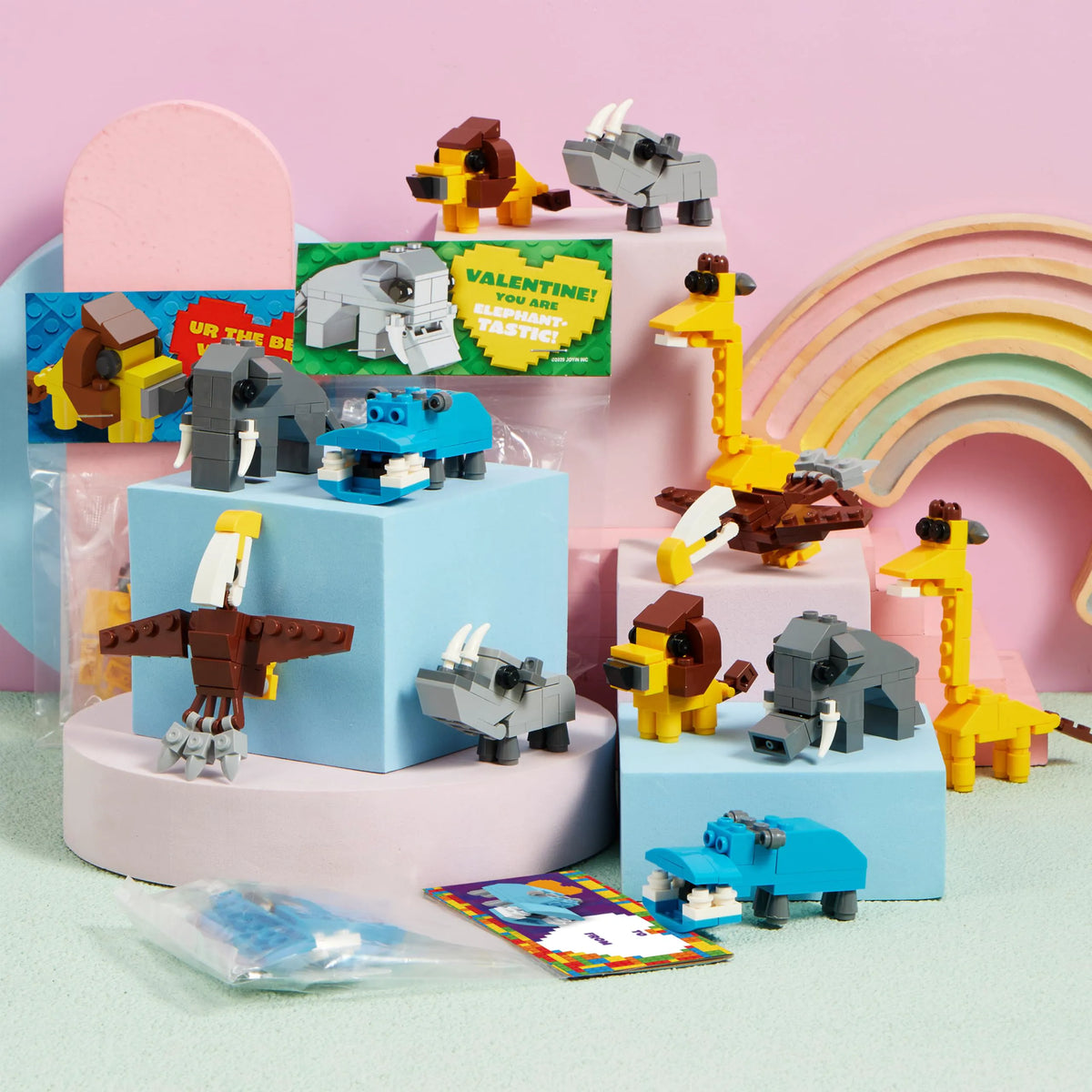 24 Pack Valentine's Day Cards with Safari Animal Building Blocks for Gifts and Party Favors