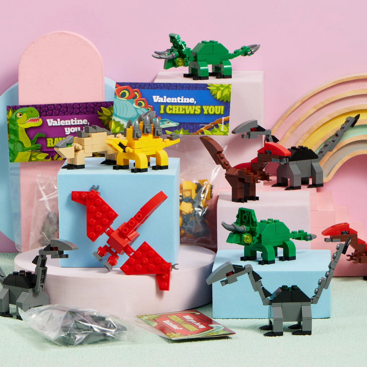 24 Pack Valentine's Day Cards with Dinosaur Building Blocks for Gifts and Party Favors