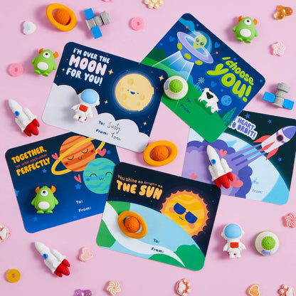 30 Space-Themed Valentine's Cards with Erasers for Party Favors