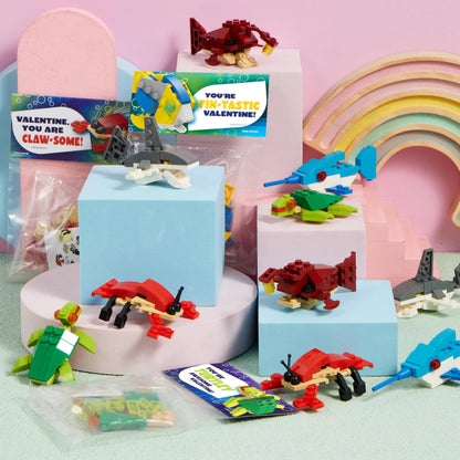 24 Pack Valentine's Day Cards with Sea Animal Building Blocks for Gifts and Party Favors