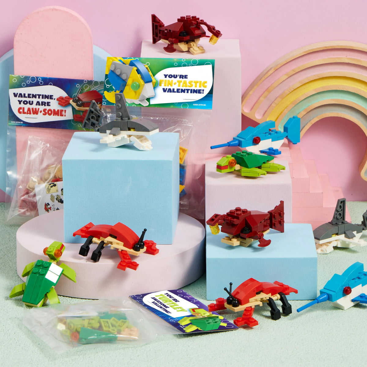 24 Pack Valentine's Day Cards with Sea Animal Building Blocks for Gifts and Party Favors