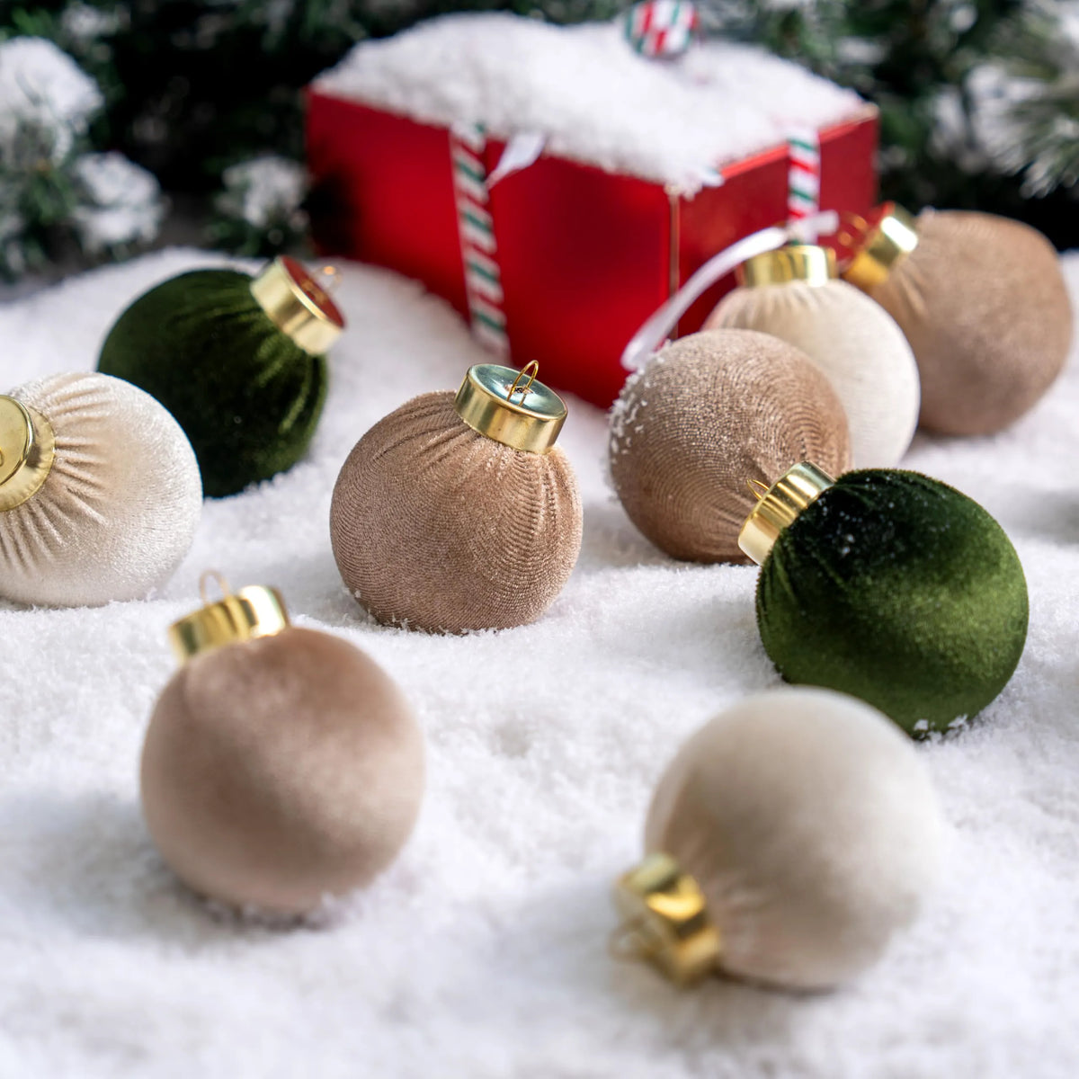 15-Piece Christmas Velvet Ball Ornament Set, 2.36-Inch Green Brown Neutral