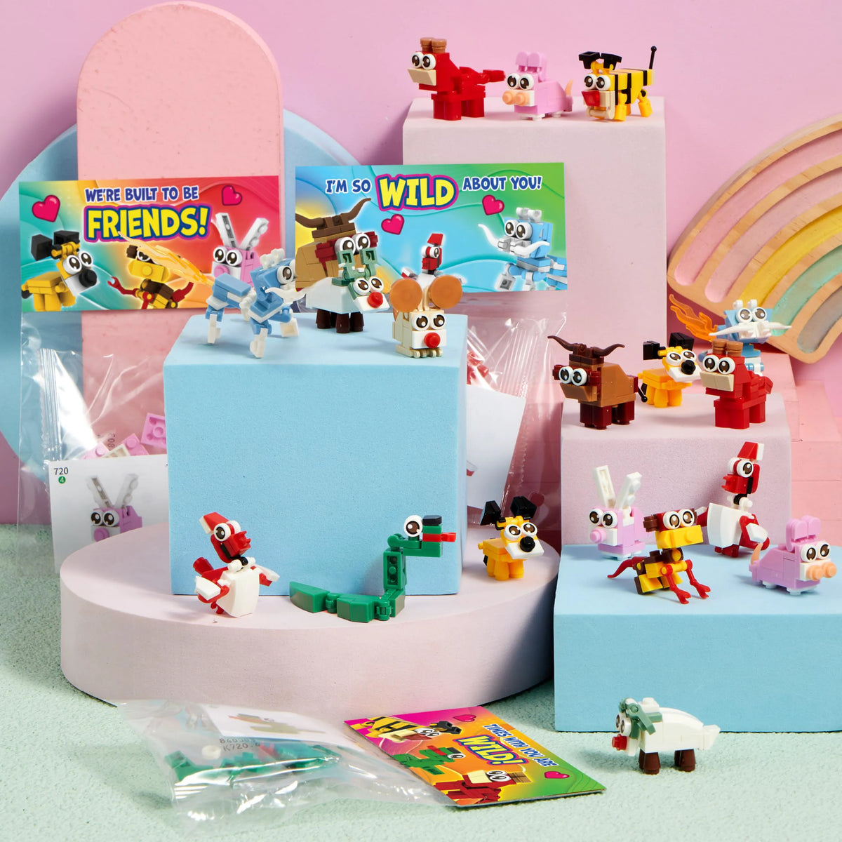 24 Pack Valentine's Day Gift Cards with Animal Building Blocks for Party Favors