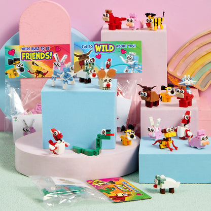 24 Pack Valentine's Day Gift Cards with Animal Building Blocks for Party Favors