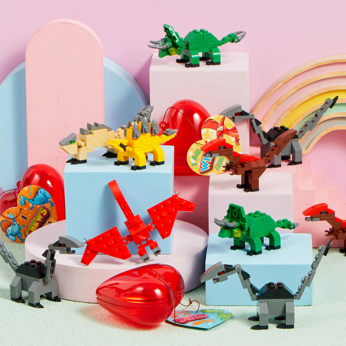 24 Pack Valentine's Day Cards with Dinosaur Building Blocks and Filled Hearts for Party Favors