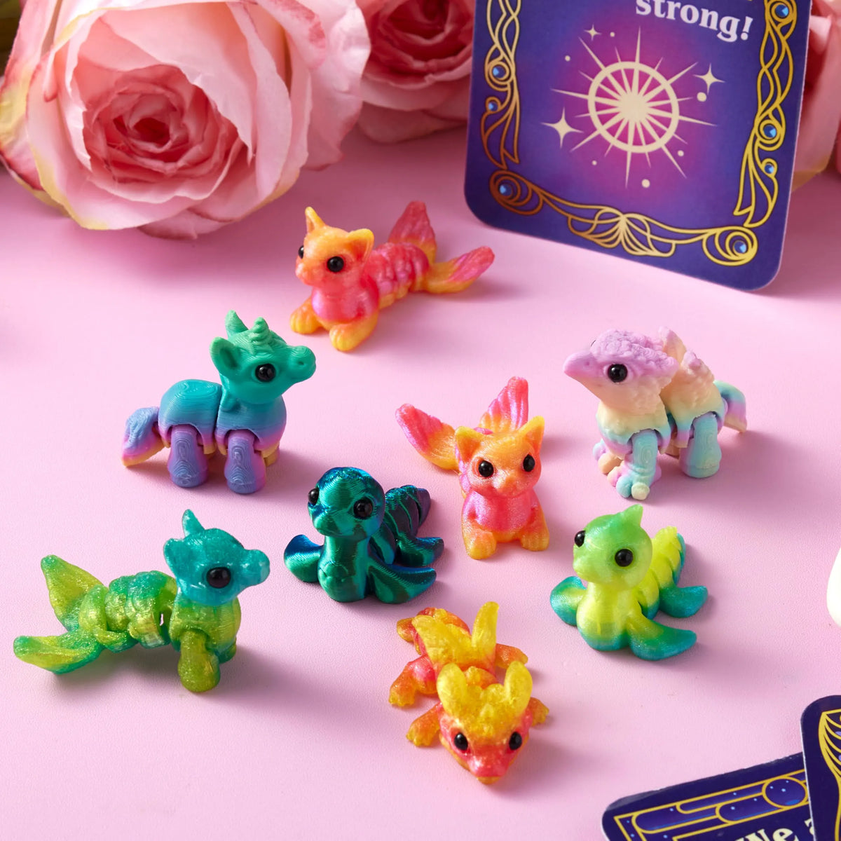 28 Pcs Kids Valentine's Day Cards with 3D Printed Mythical Creatures Toys