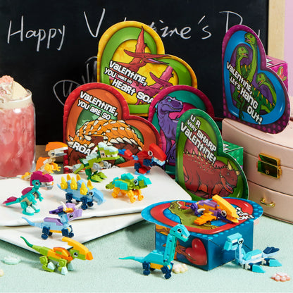 12-Pack Valentine's Dinosaur Building Blocks with Heart Boxes for Party Favors