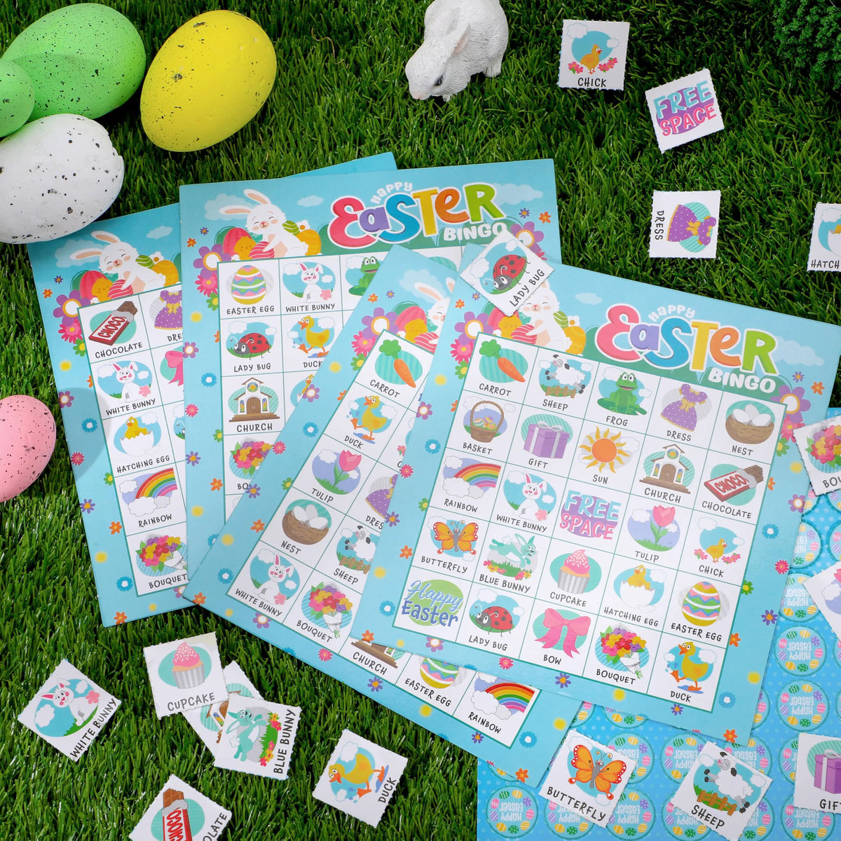 Easter Bingo Cards for Kids - 28 Players, 5x5 Grid, Blue