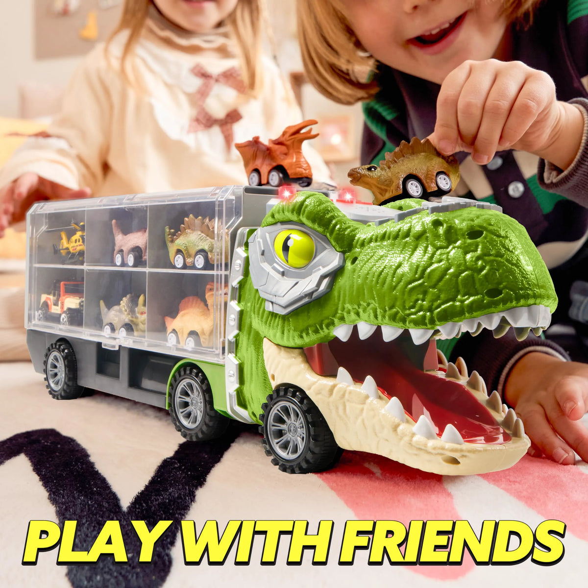 13-in-1 Dinosaur Transport Carrier Truck with Mini Car Set