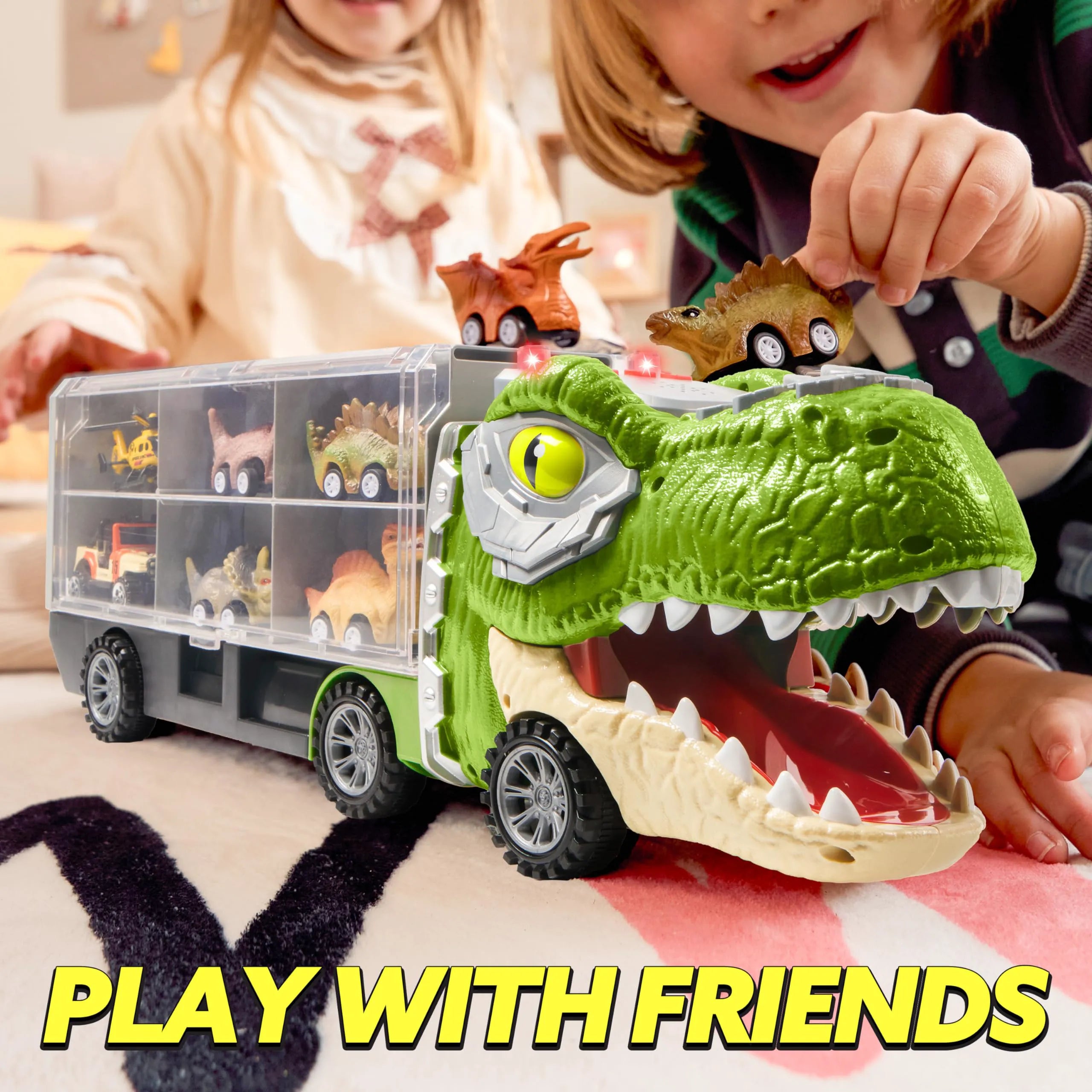 13-in-1 Dinosaur Transport Carrier Truck with Mini Car Set