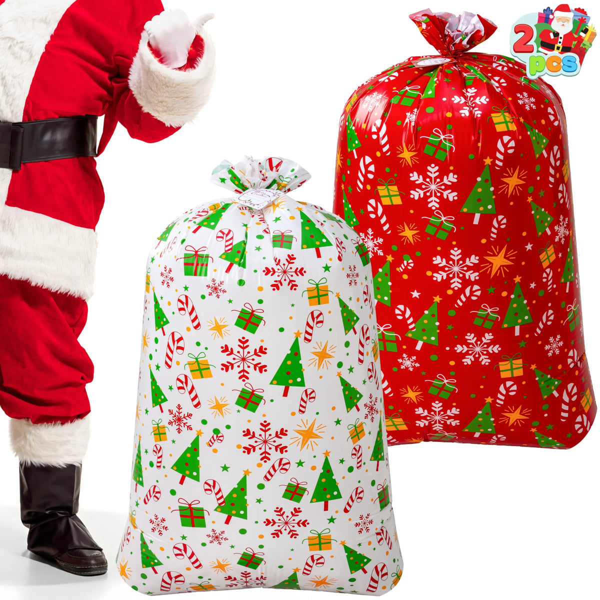 2 Large Red & White Christmas Holiday Plastic Gift Bags