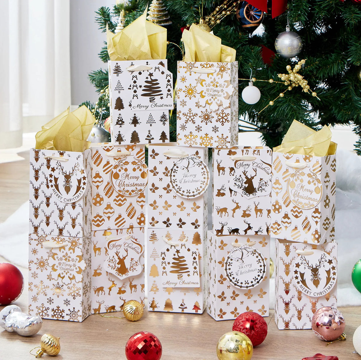 12 Pcs Christmas Foil Gold Gift Bags with Tissue Paper and Name Card Tags