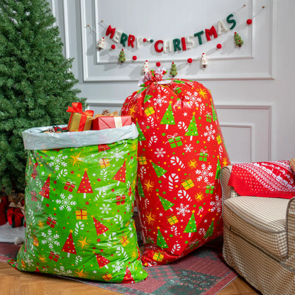 2 Large Red & Green Christmas Holiday Plastic Gift Bags