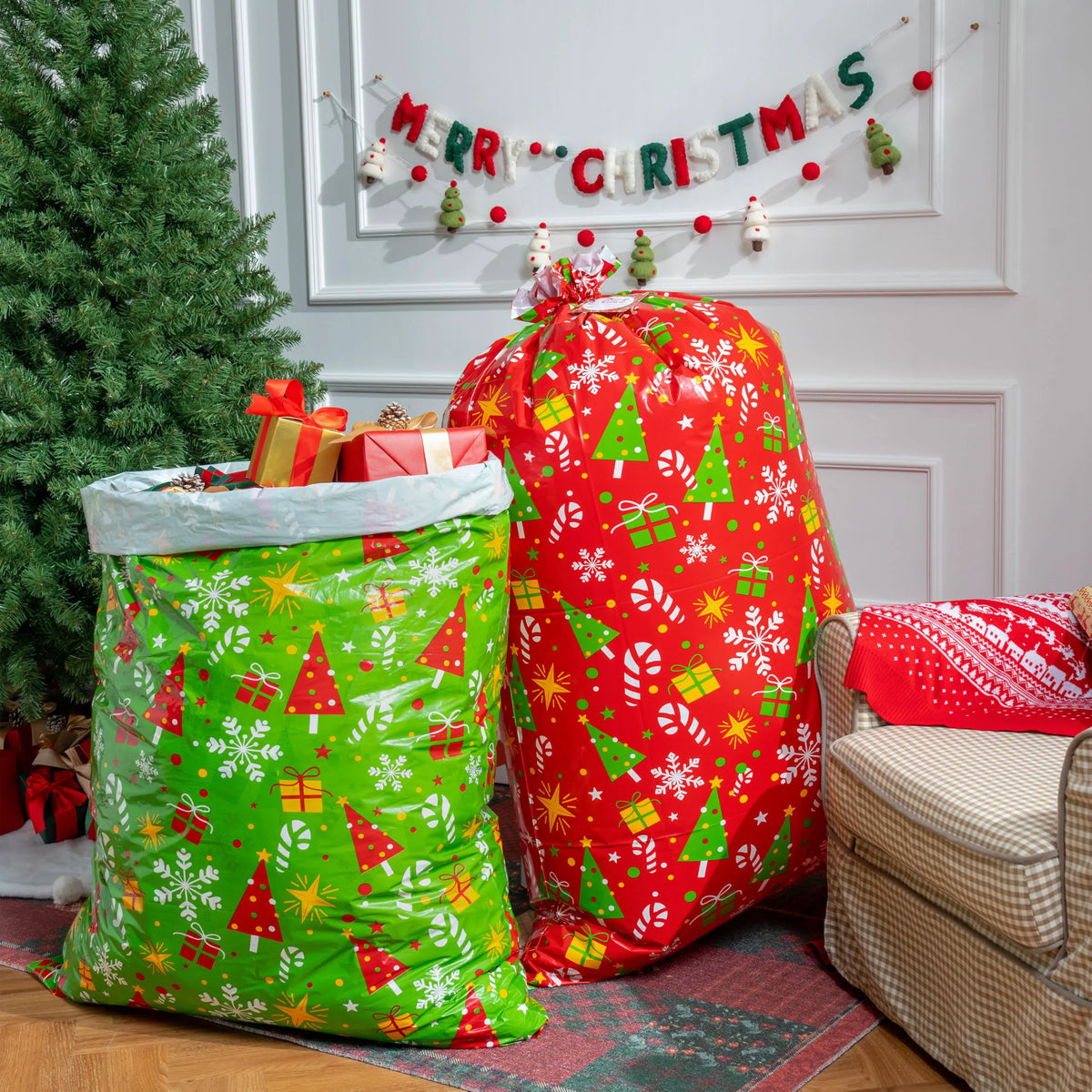 2 Large Red & Green Christmas Holiday Plastic Gift Bags