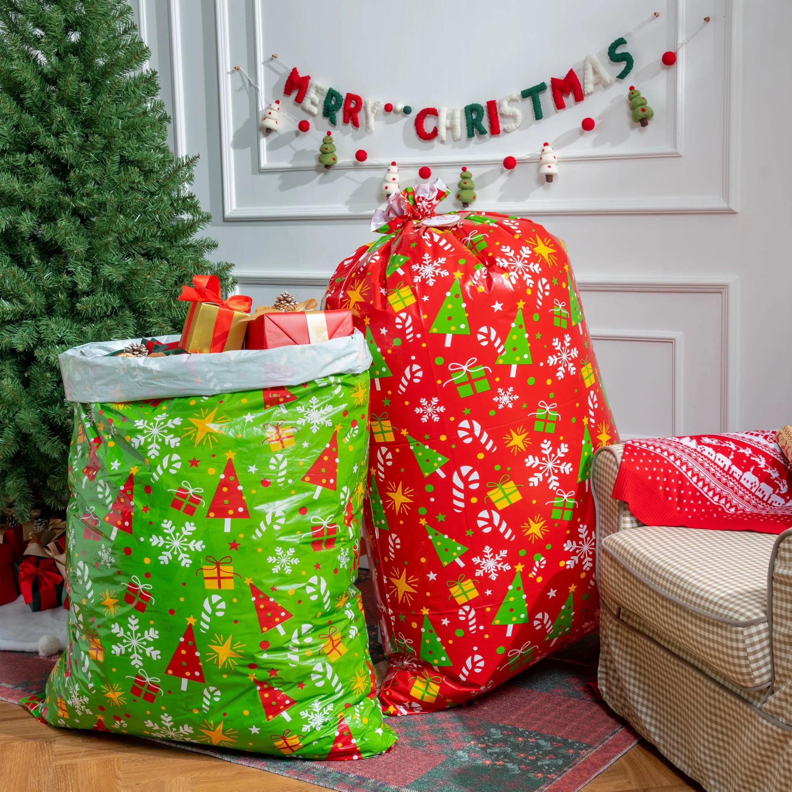 2 Large Red & Green Christmas Holiday Plastic Gift Bags