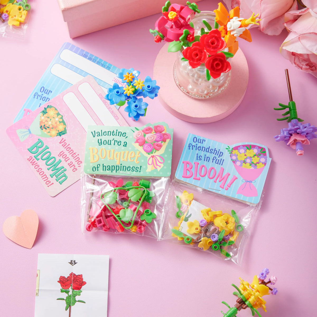 24 Pcs Valentine's Day Flower Bouquet Building Blocks with Cards
