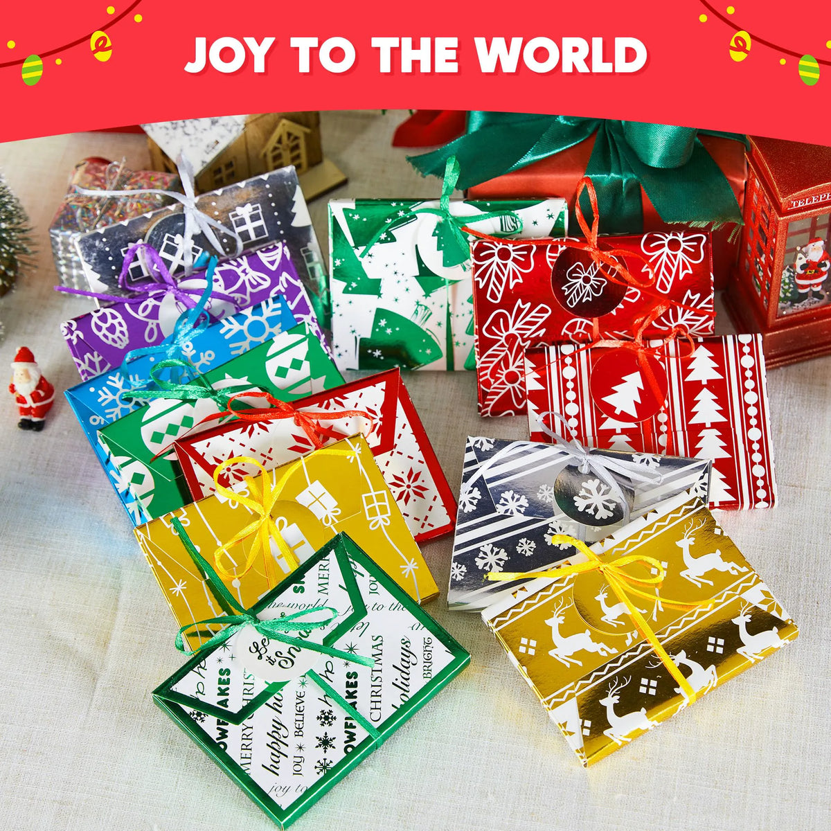 12 Pack Christmas Foil Gift Card Boxes with Ribbon