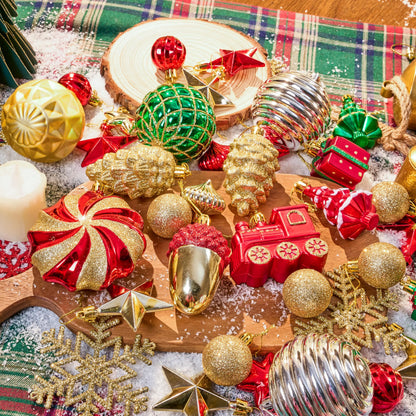 82-Piece Assorted Christmas Ornament Ball Set, 3.15-Inch Red Gold Green Deluxe