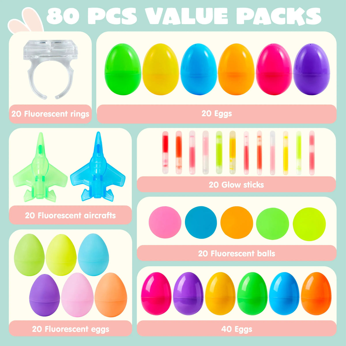 80 Glow-in-the-Dark Easter Eggs with Toys for Kids - Egg Hunt, Party Favors & Class Prizes