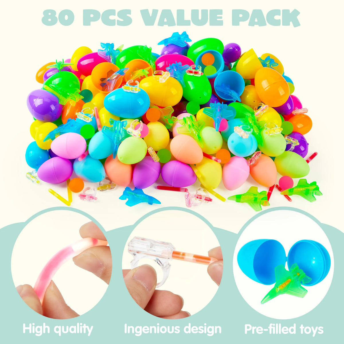 80 Glow-in-the-Dark Easter Eggs with Toys for Kids - Egg Hunt, Party Favors & Class Prizes