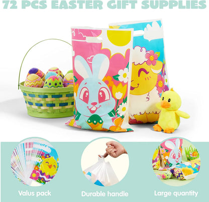 JOYIN 72 Pack Easter Plastic Gift Bags with Animal and Flower Designs - Easter Party Supplies for Kids