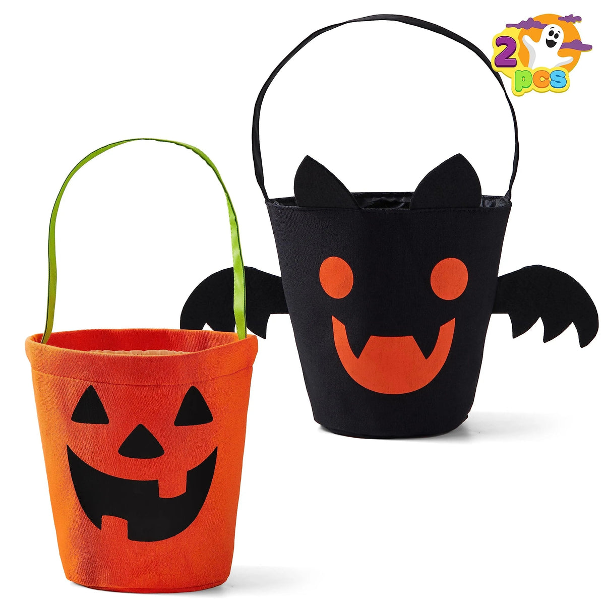 Halloween Bat & Pumpkin Candy Tote Bucket Set - Reusable Felt Trick-or-Treat Goody Bags