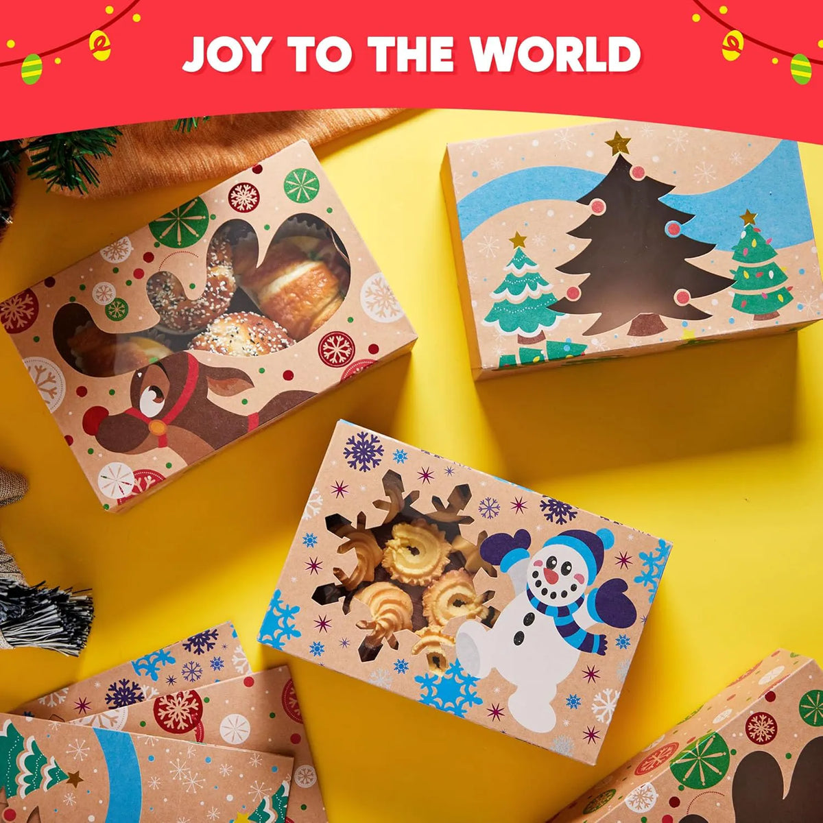 36 Foiled Kraft Christmas Cookie Boxes with Window, 8.5 x 5.75 x 2.75 Inches