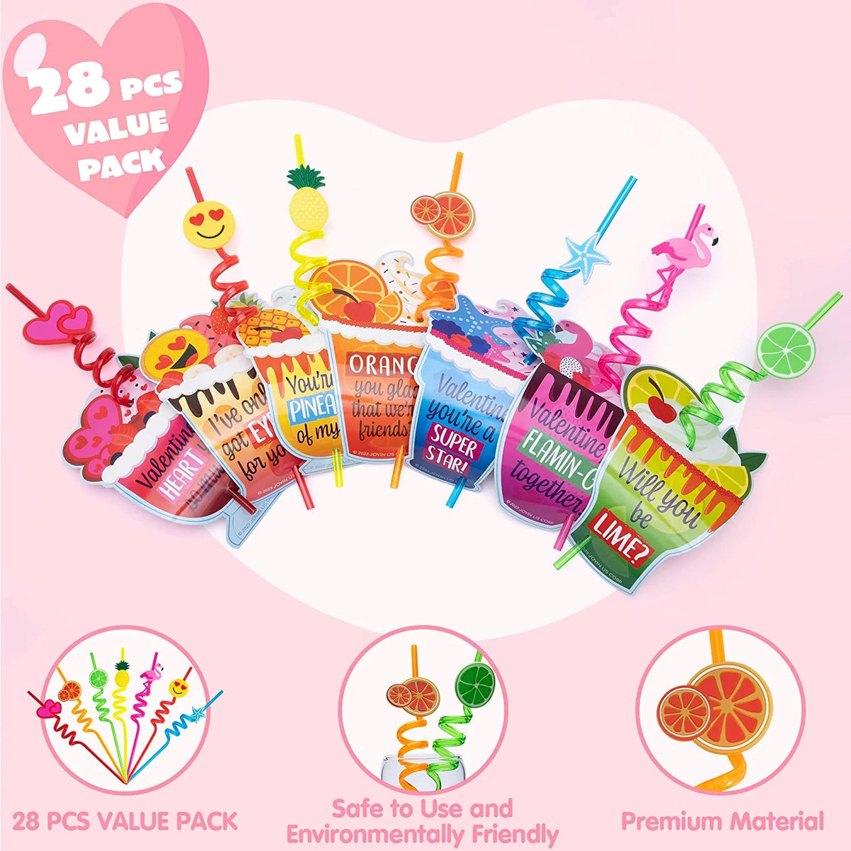 28 Reusable Drinking Straws with Kids Valentine's Cards for Valentine Party Favors