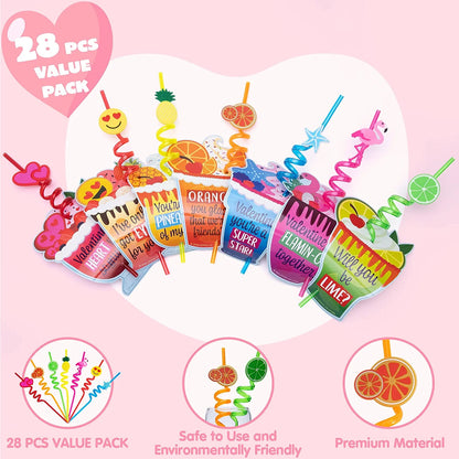 28 Reusable Drinking Straws with Kids Valentine's Cards for Valentine Party Favors