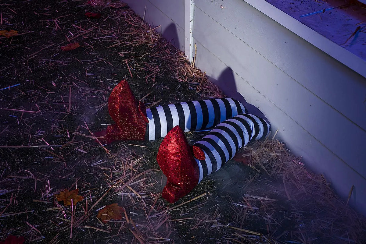 Witch Legs with Stakes - Red Shoes & Black and White Stripe (2 Pcs)