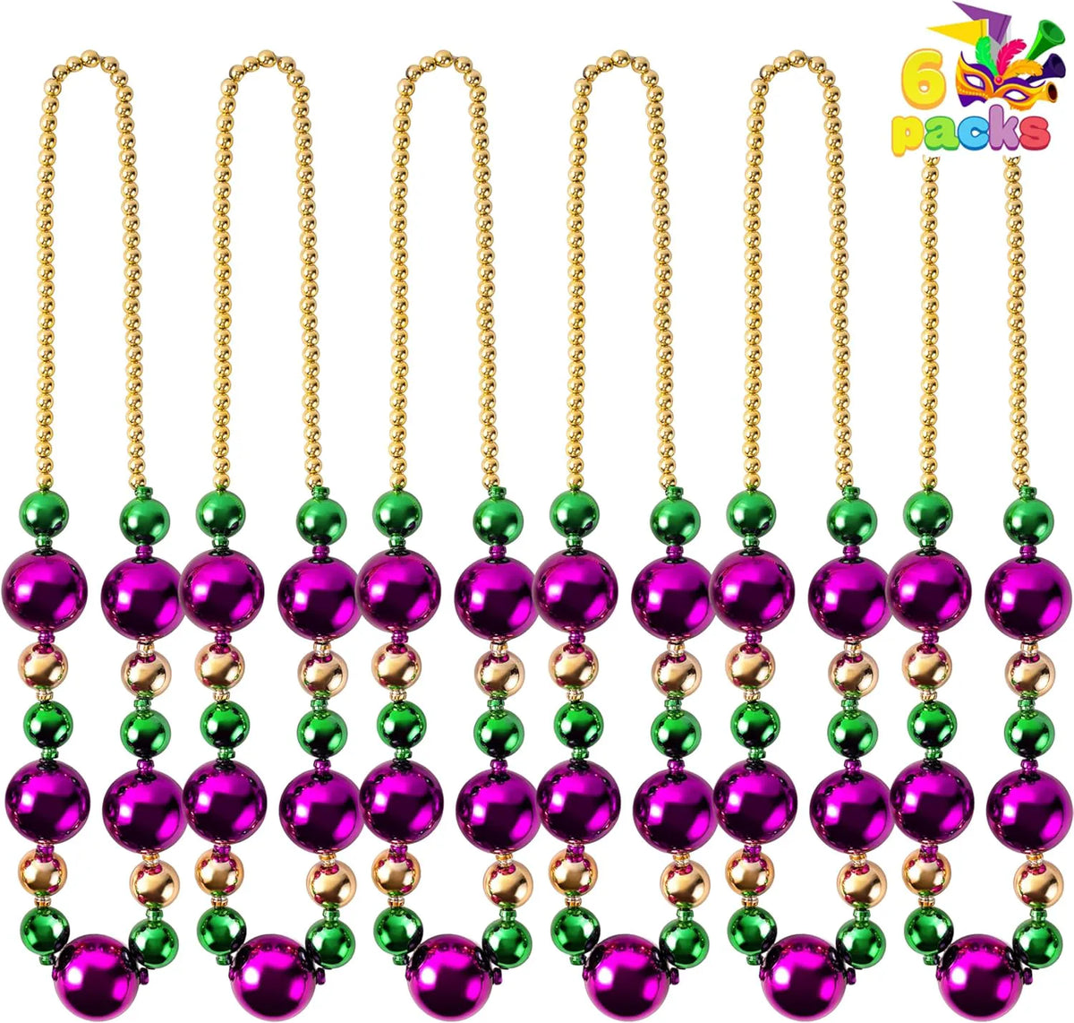 6-Pack Mardi Gras Jumbo Bead Necklaces