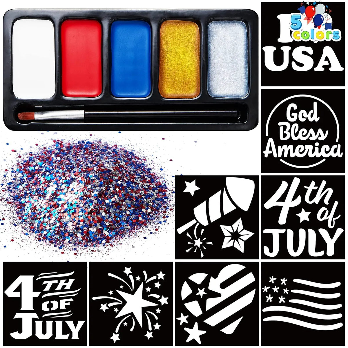 JOYIN 5-Color Patriotic Face & Body Paint Kit with Glitter & 16 Stencils - Red, White & Blue Makeup for 4th of July, Independence Day, Memorial Day & Veterans Day Parties