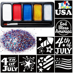 JOYIN 5-Color Patriotic Face & Body Paint Kit with Glitter & 16 Stencils - Red, White & Blue Makeup for 4th of July, Independence Day, Memorial Day & Veterans Day Parties