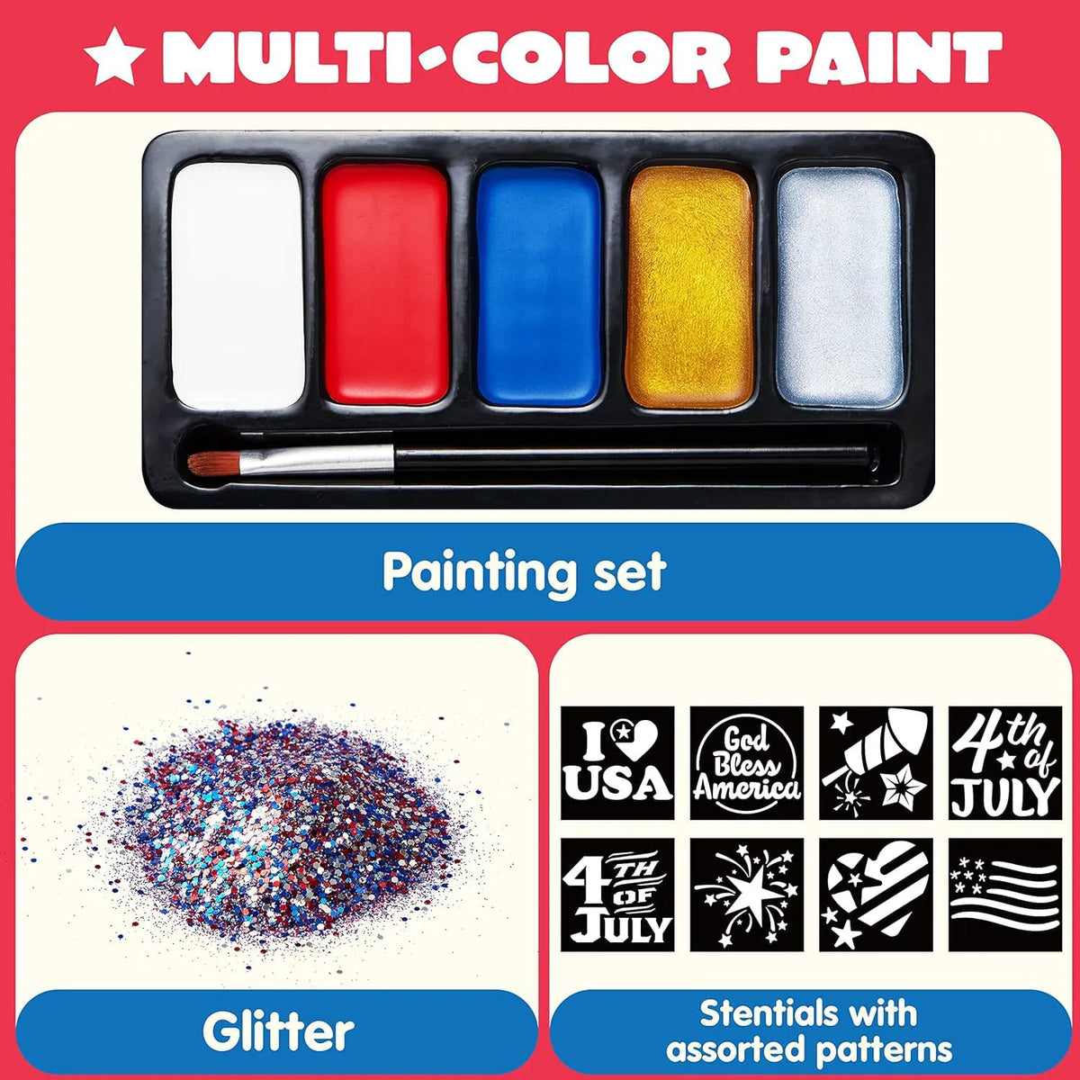 JOYIN 5-Color Patriotic Face & Body Paint Kit with Glitter & 16 Stencils - Red, White & Blue Makeup for 4th of July, Independence Day, Memorial Day & Veterans Day Parties