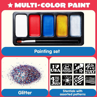 JOYIN 5-Color Patriotic Face & Body Paint Kit with Glitter & 16 Stencils - Red, White & Blue Makeup for 4th of July, Independence Day, Memorial Day & Veterans Day Parties