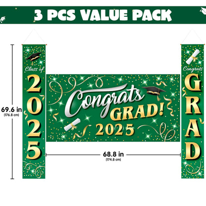 JOIN 3-Piece Graduation Decorations Class of 2025 - Green & Gold Satin Congrats Grad Banner Set for College Party Backdrop, Porch Hanging Supplies Indoor Outdoor