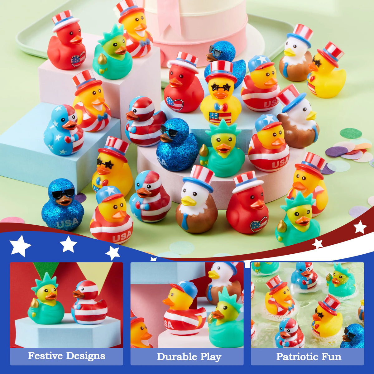 JOYIN 24-Pack Patriotic Rubber Ducks - 2.6-Inch Toys, 8 Unique Designs